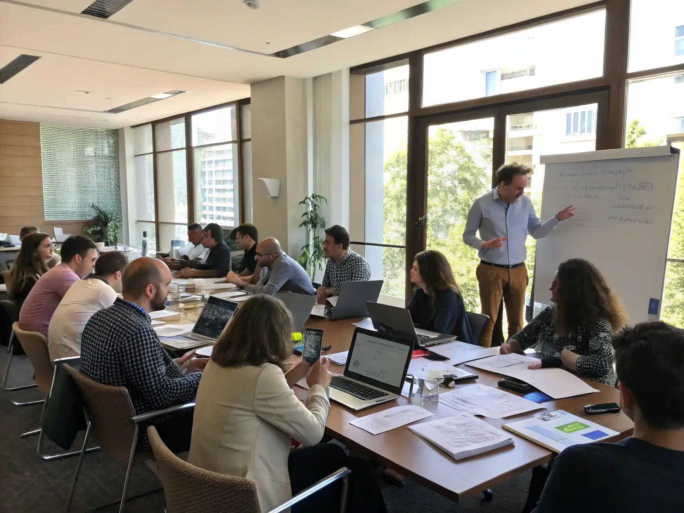 A diverse group of professionals participating in a coaching workshop, symbolizing collaboration and empowerment.