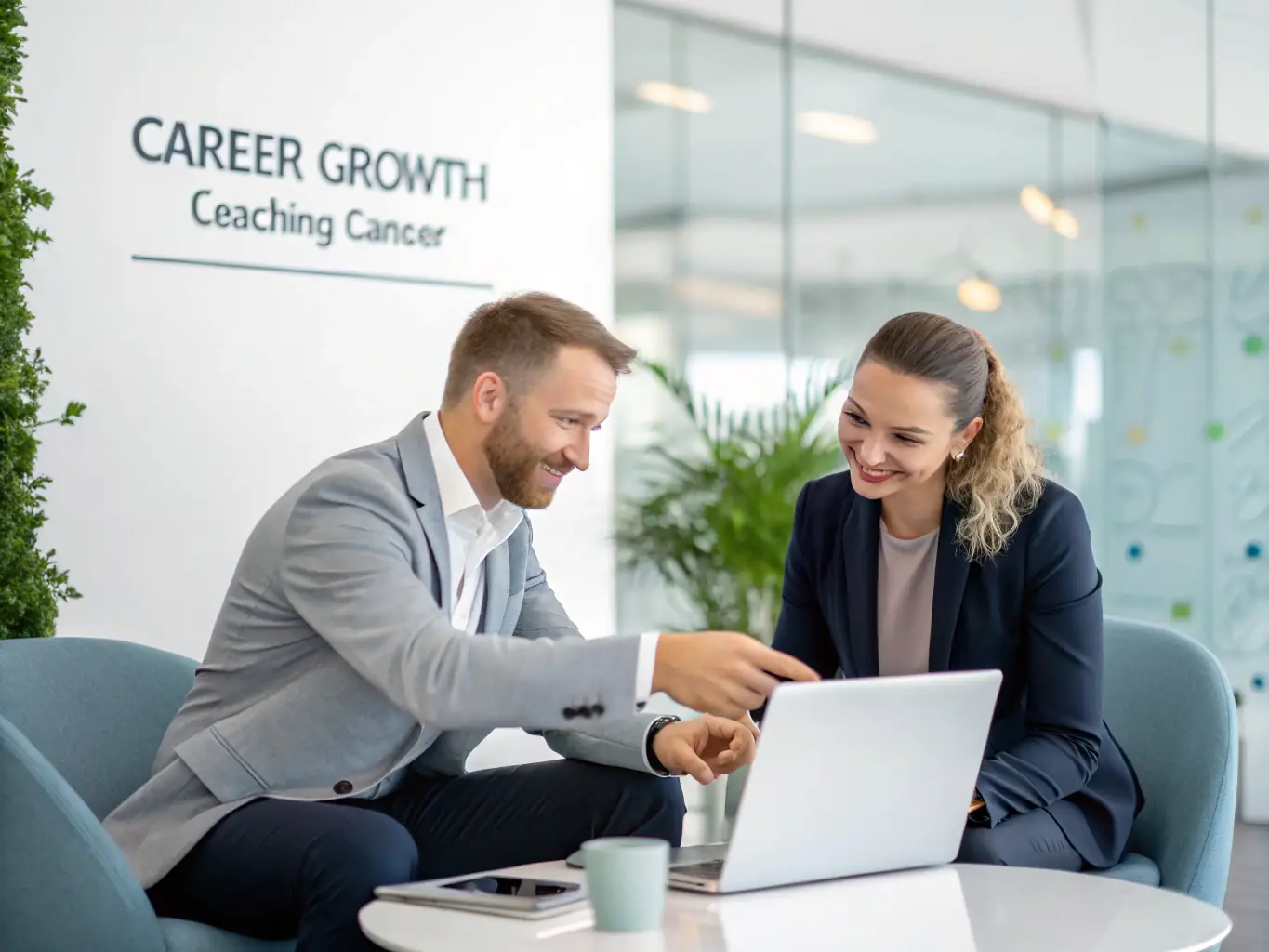 A professional coach guiding a client through leadership development exercises in a modern office setting, emphasizing strategic thinking and confidence-building.