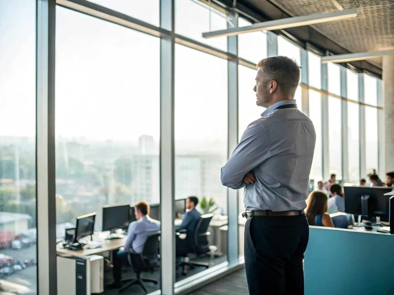 A dynamic leader confidently addressing a team in a modern office setting, symbolizing effective leadership and communication skills.