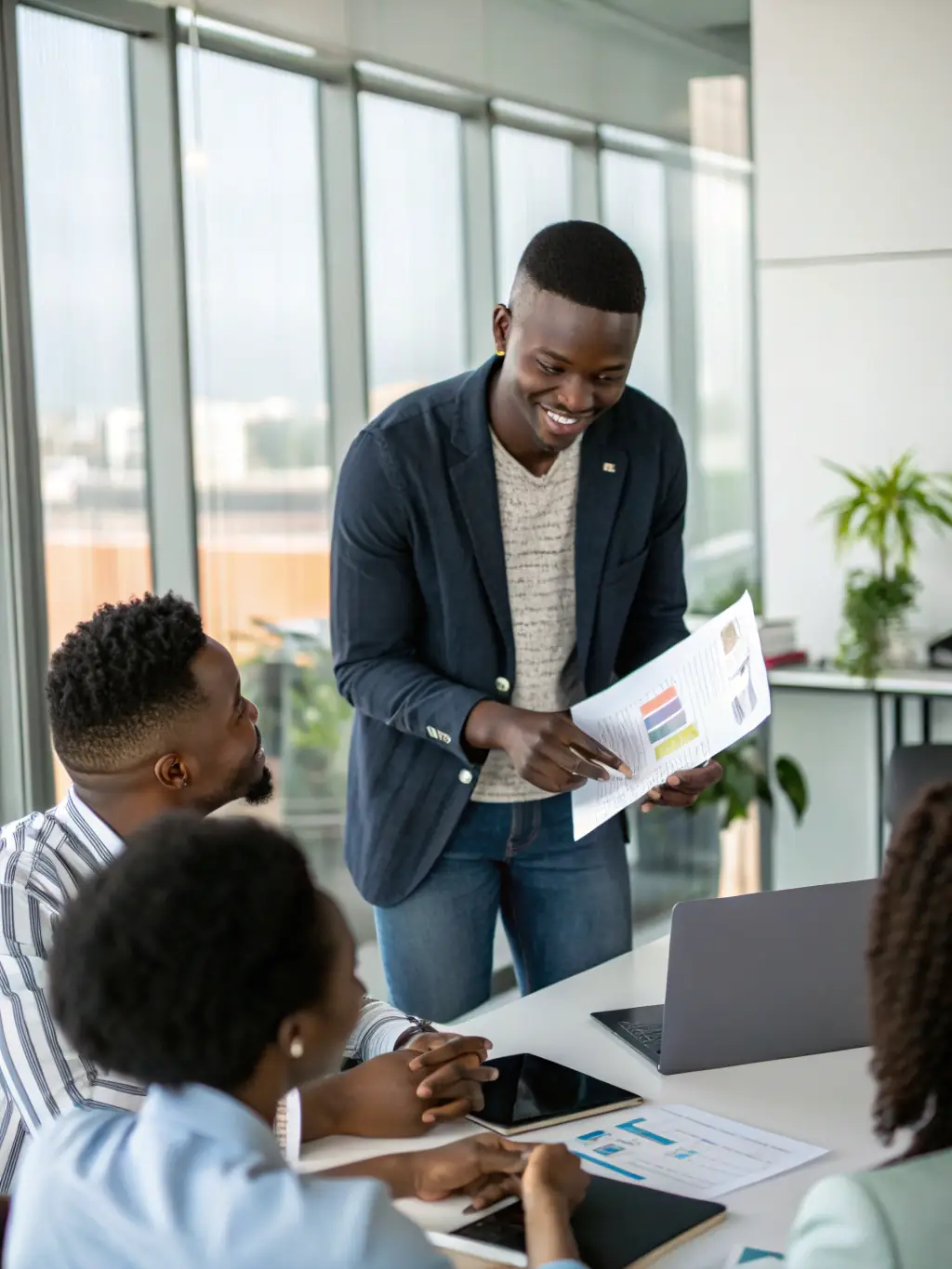 A South African entrepreneur pitching a business idea to potential investors, with a coach providing guidance on presentation skills and financial projections.